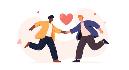 Joyful diverse gay couple running hand in hand, expressing affection and romantic love against a heartwarming background.