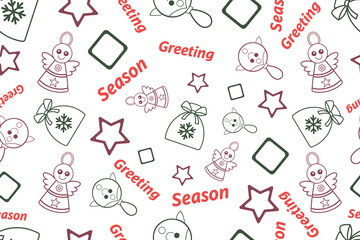 Seamless Christmas pattern with holiday icons and Season Greeting text on white background