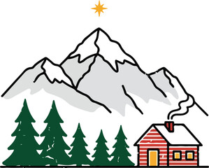 Obraz premium Cozy log cabin nestled amongst pine trees beneath majestic snow capped mountains, Generative Ai