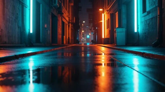 Empty city alley at night with vibrant neon lights. Wet asphalt reflects the futuristic orange and teal colors creating a cyberpunk aesthetic for a modern background