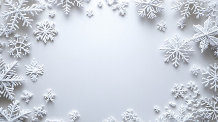 Fototapeta premium White snowflake decoration frame with winter theme and soft shadows, creating calm and festive atmosphere on light background