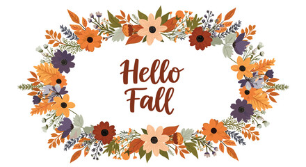 A cheerful autumnal floral wreath in an oval shape, adorned with fall-colored flowers and leaves, framing the hand-lettered text 'Hello Fall'.