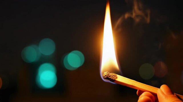 A composite sequence showing a hand lighting a wooden match in the dark. The bright flame burns with smoke and creates a warm glow against a blurred bokeh background