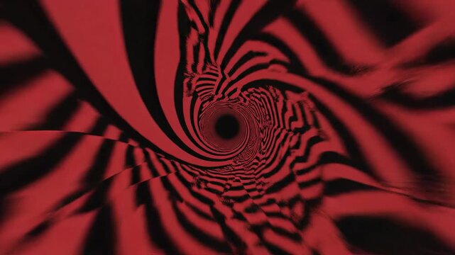 Hyperbolic geometry visualization featuring a rotating tunnel of deep red and black converging lines creating a sense of infinite impossible perspective powerful, red, design