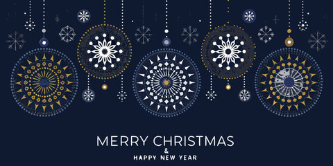 Elegant merry christmas and happy new year greeting card with decorative ornaments and snowflakes on a dark blue background