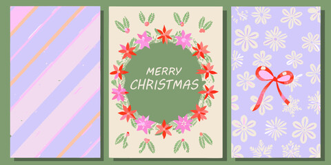 Three festive christmas greeting cards featuring floral wreaths and decorative patterns