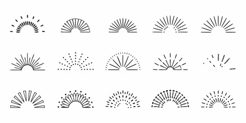 Collection of hand drawn sunburst and sunrise icons in minimalist line art style