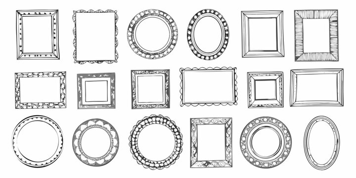 Collection of hand drawn decorative picture frames in various shapes and styles
