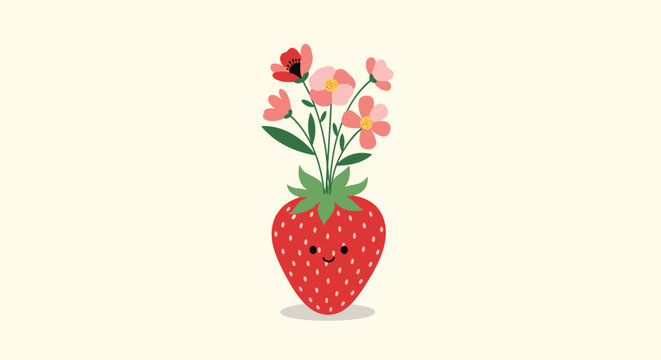 A cheerful cartoon strawberry with a happy face serves as a delightful vase for a lovely bouquet of pink and red flowers.