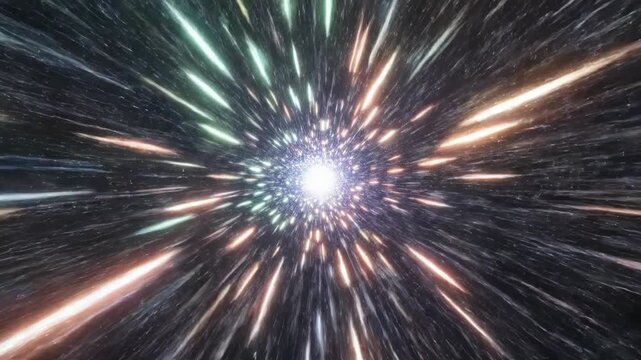 Hyperspace travel simulation with fast shifting bright light trails rushing towards the viewer creating an infinite digital tunnel vortex warp, tunnel, abstract