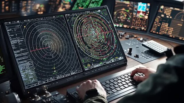 Operator monitoring radar screens with complex data visualizations in a high-tech control room