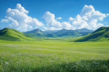 Sunlit green meadow of wildflowers opening to rolling hills and distant mountains under a bright blue sky with fluffy white clouds, a peaceful expansive summer landscape