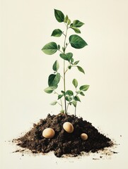 young green seedling sprouting from a mound of dark soil with three pale eggs nestled at its base, a serene hopeful symbol of new life