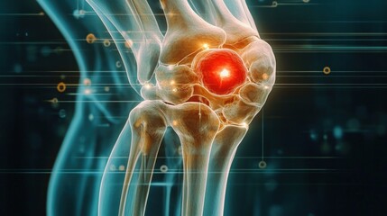 transparent anatomical hinge joint with glowing red inflamed center, surrounding bones and digital data overlay conveying pain and clinical diagnosis
