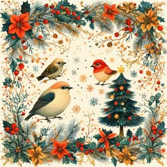 Three cheerful songbirds around a small decorated evergreen tree, framed by poinsettias, holly and pine branches with red berries, snowflakes and golden accents, evoking cozy festive joy