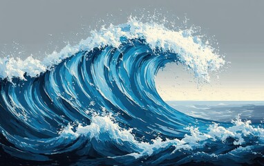 majestic curling ocean wave with foamy white crest and dynamic splash under a pale horizon sky, evoking power and awe