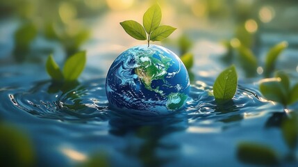 small earth globe floating in water with a green sprout and surrounding leaves, serene hopeful scene of environmental renewal