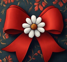 red ribbon bow with white daisy and golden center on dark teal floral patterned background, festive and elegant
