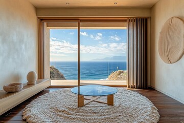 minimal coastal living room with panoramic ocean view through floor-to-ceiling glass, round textured rug and low coffee table, serene sunlit relaxing interior