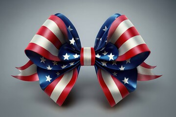 Glossy red, white, and blue satin bow with stars and stripes pattern on a neutral grey background, evoking patriotic pride and festive celebration