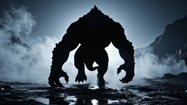 Terrifying Monster Silhouette Emerges from a Dark and Misty Landscape.