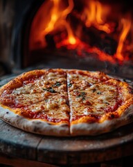 Whole cheese pizza on a wooden board in front of a roaring wood-fired oven with visible flames, golden melted cheese and charred crust, warm and inviting