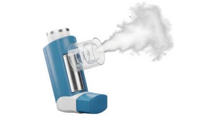 Asthma inhaler with spacer and puff of medicine isolated on transparent background