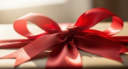 Vivid red satin bow sits atop a package bathed in warm diffused sunlight