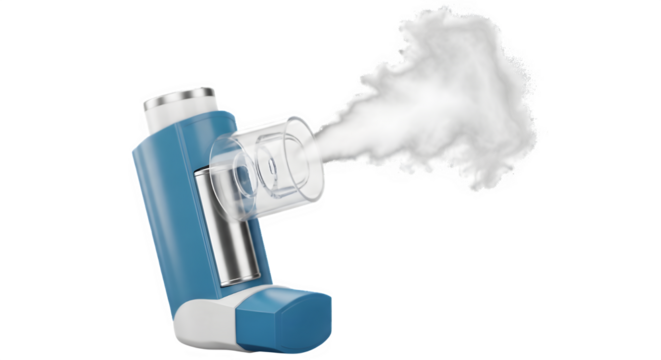Asthma inhaler with spacer and puff of medicine isolated on transparent background
