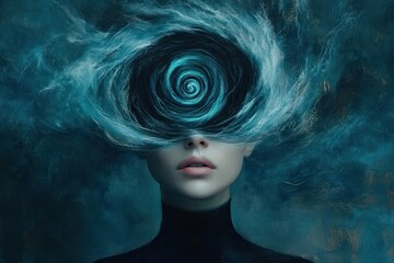 solitary figure in dark turtleneck framed by a swirling teal vortex halo like turbulent hair, ethereal and mysterious mood suggesting introspective, dreamlike thought