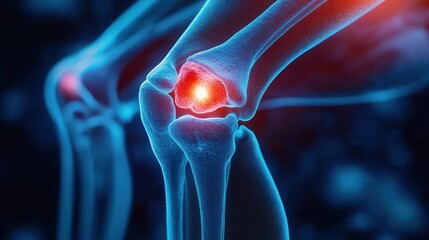 close-up 3d medical rendering of a knee joint with a glowing red inflamed hotspot indicating pain and inflammation, blue bones and cartilage visible with a blurred second knee in the background