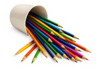 Colorful assorted drawing pencils spilling from a white holder, creative art supplies, back to school