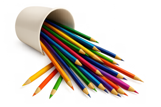 Colorful assorted drawing pencils spilling from a white holder, creative art supplies, back to school