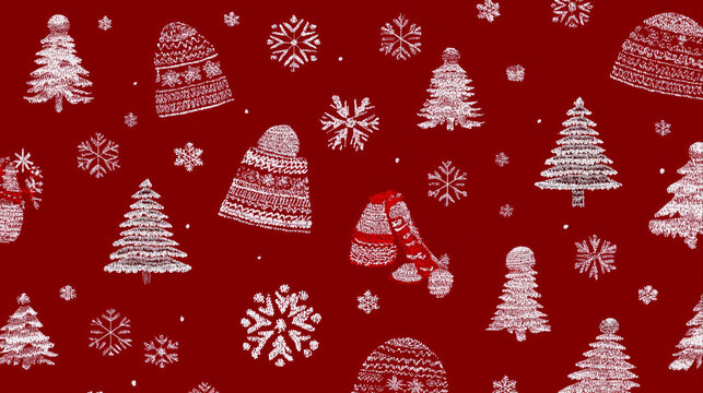 Seamless winter pattern with white knitted objects on red background.