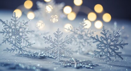 Several sparkling silver decorative snowflakes rest upon a snowy surface with a warm glowing background