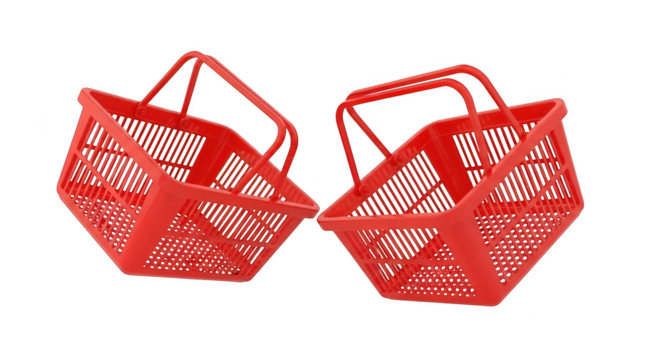 Two vibrant red plastic shopping baskets, essential for modern retail sales.