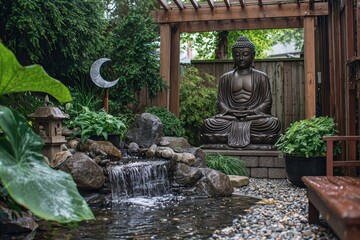 Obraz premium Serene Zen Garden with Buddha Statue and Waterfall Feature