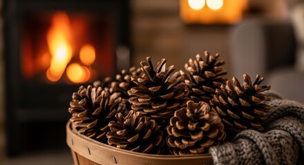 Collection of natural brown pinecones rests in a woven container beside a warmly glowing fireplace