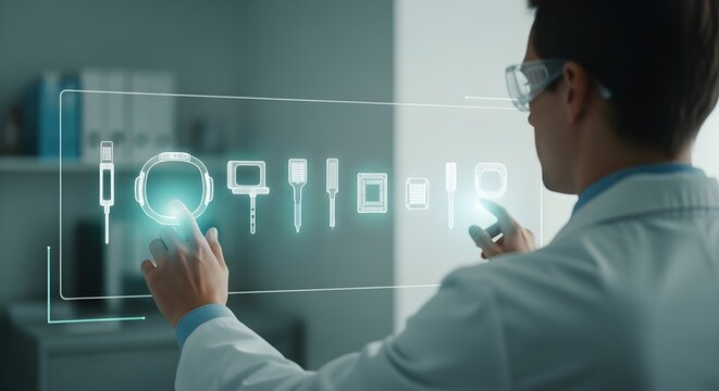 R&D engineer analyzing holographic electronic components on a futuristic AR interface.