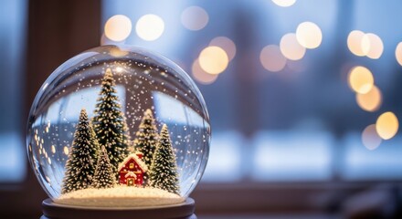 Miniature winter scene inside a glass globe displays falling snow against a backdrop of soft lights.