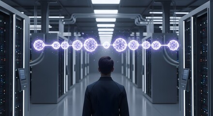 IT professional in a futuristic data center analyzing a holographic blockchain or neural network.