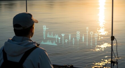 Water quality specialist using futuristic AR to analyze sensor data at sunset.