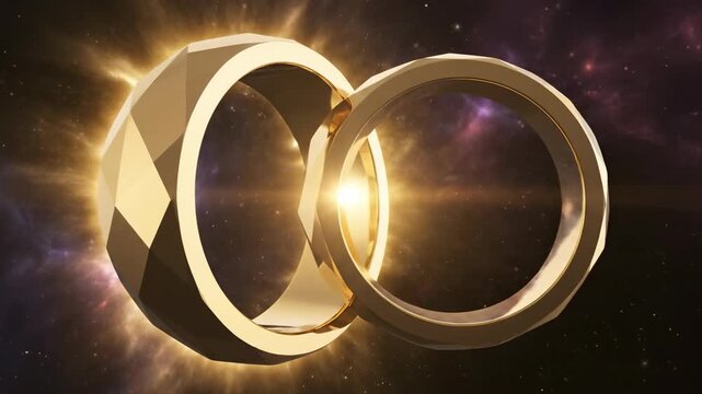 Hypnotic abstract visualization of two interlocking gold geometric rings rotating slowly and finding perfect symmetrical resonance balance, symmetrical resonance, digital