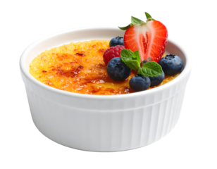 Crème brûlée with berries isolated on transparent png