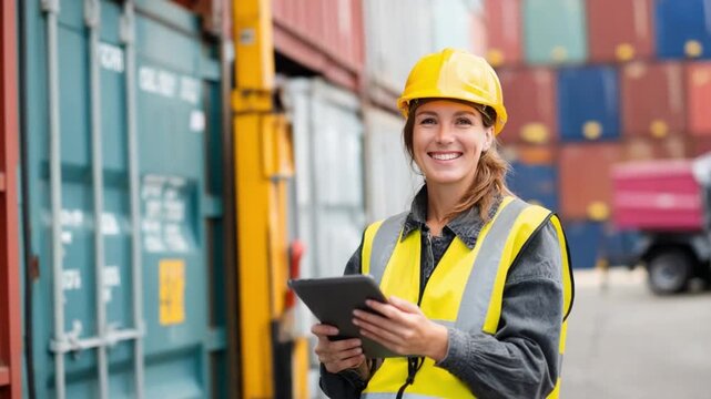 Logistics Professional: Confident logistics professional meticulously monitors the process with digital tablet in a vibrant shipping container yard.