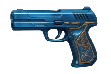 Stylized pistol with ornate gold detailed grip on a transparent background, depicting a fantasy or sci-fi firearm