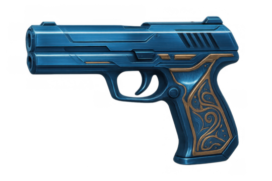 Stylized pistol with ornate gold detailed grip on a transparent background, depicting a fantasy or sci-fi firearm