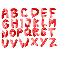 Vibrant red 3D English alphabet set with glossy, rounded tube-like letters, perfect for playful typography designs, educational materials, and creative visual projects on a clean white background