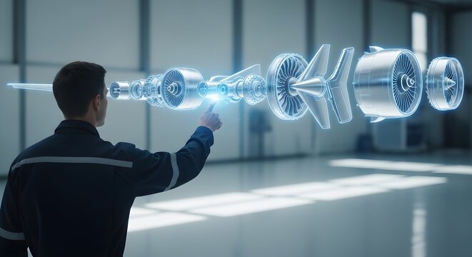 Aerospace engineer analyzing a 3D holographic model of a jet engine using an augmented reality interface.