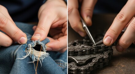 Repairing denim jeans with needle and thread. Cleaning a bicycle chain with tool.
